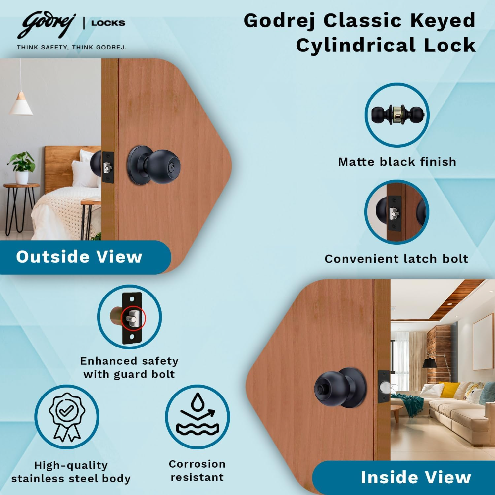 Godrej Cylindrical Lock | With 3keys | Single Panel Door Lock | Suitable for Bedroom Doors & Inter-Connected Doors | Backset 70mm |Door Thickness 32mm to 45mm | Matte Black finish | 5 Years Warranty